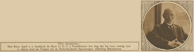 870474 Portret van G.G.C.J. Frankhuisen (Ondiep 17boven) te Utrecht, die 40 jaar in dienst is als bankwerker op de ...